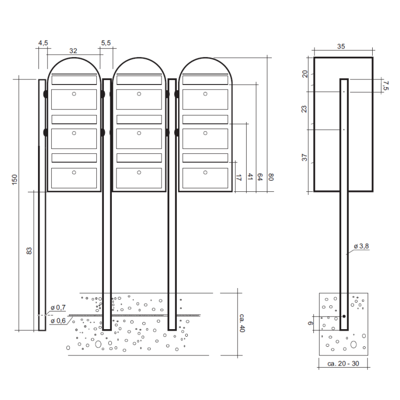 BOBI TRIO - Brunt Postkasseanlg - 3 enheder